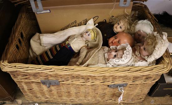 Wicker basket of dolls & dolls clothes